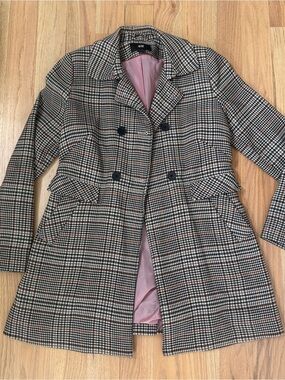 H&M Plaid Glen Check Double-Breasted Coat Pink Lining Size 10
